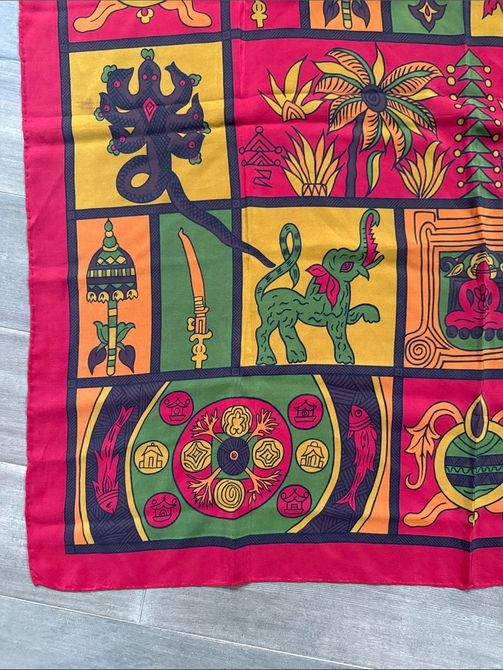 Vintage Doncaster 100% Silk Scarf – Vibrant Red Multi-Color Ethnic/Tribal Print